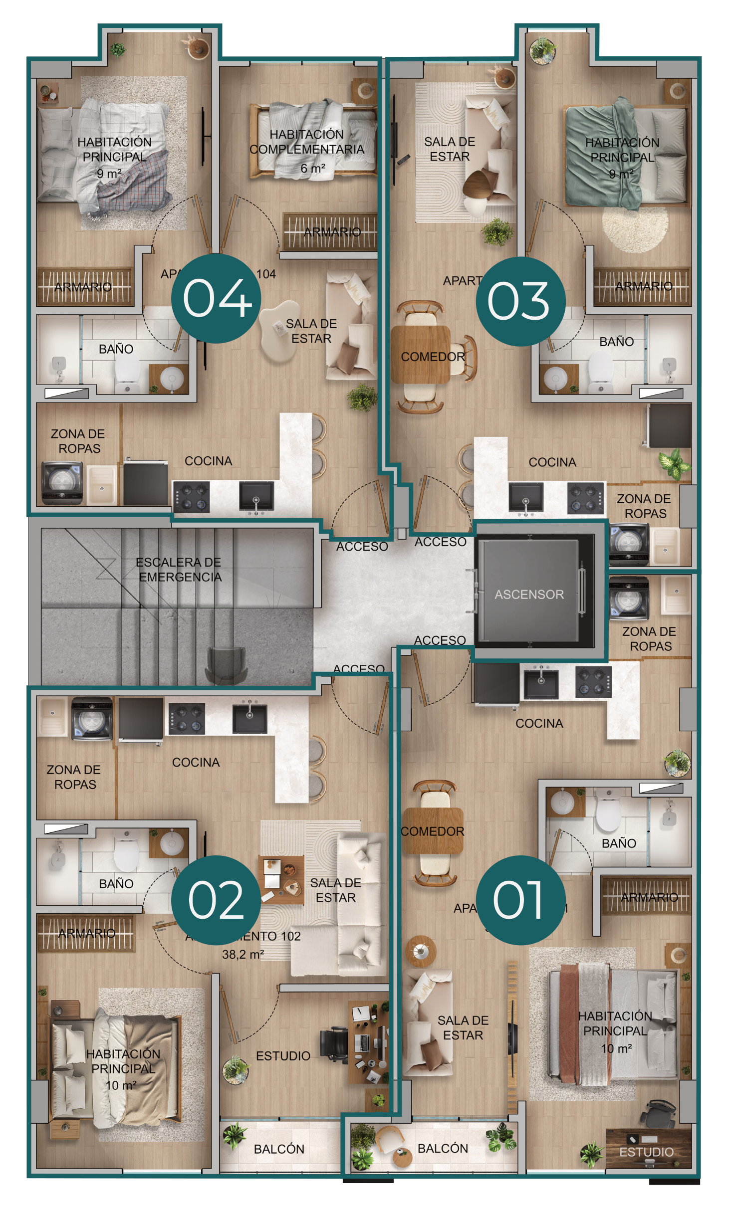 Plano piso tipo con apartamentos 01, 02, 03 y 04
